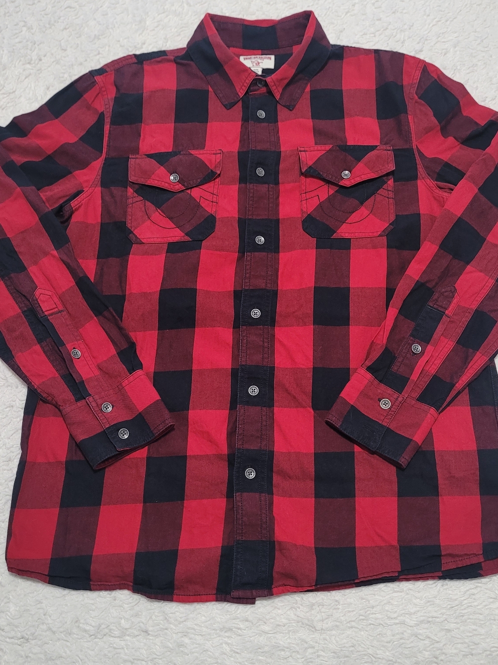 True Religion Men's Red and Black Buffalo Plaid Button-Up Shirt